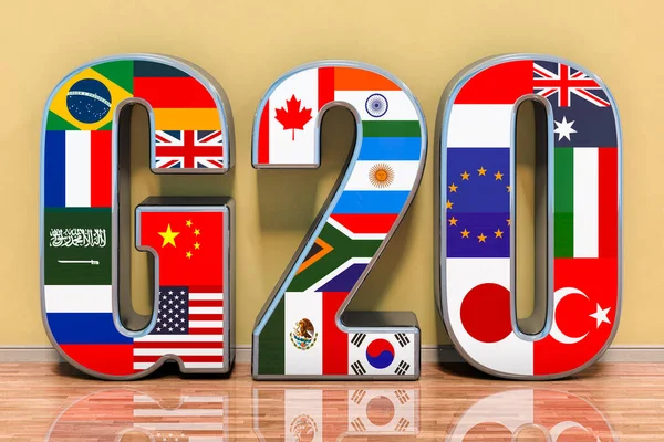 G20 Setkání Koncept Vlajky Všech Členů G20 Místnosti Vykreslování — Stock fotografie