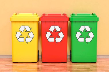 Renkli çöp tenekeleri odada. 3B görüntüleme