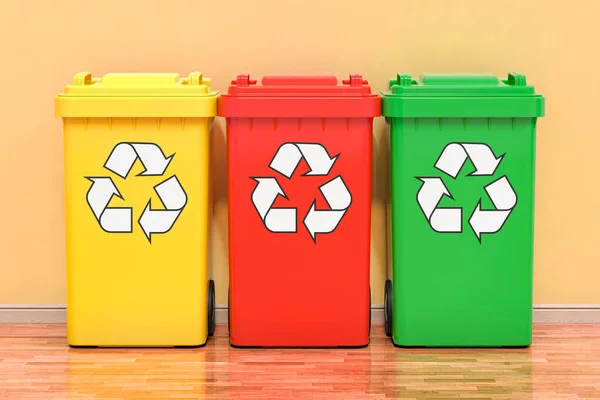 Conjunto Latas Lixo Reciclagem Coloridas Quarto Renderização — Fotografia de Stock