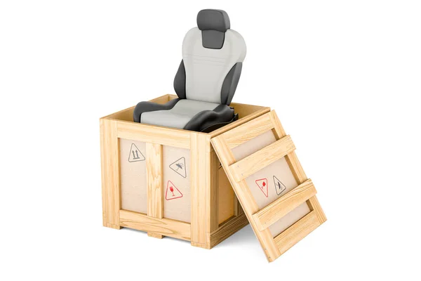 Skórzane Wiadro Siedzenia Auto Wewnątrz Drewnianego Pudełka Koncepcja Dostawy Rendering — Zdjęcie stockowe