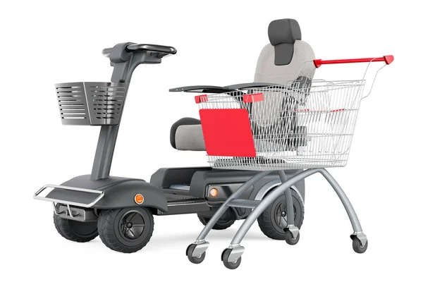 ショッピング カートが付いている動力を与えられた移動性スクーター 白い背景で隔離される3Dレンダリング — ストック写真