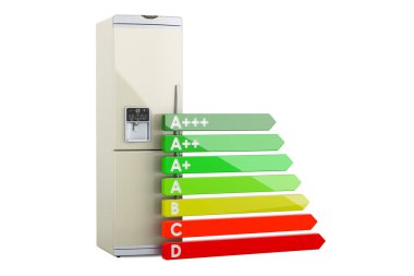 Enerji verimliliği grafiği olan buzdolabı, beyaz arkaplanda 3 boyutlu görüntüleme