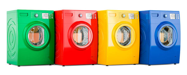 Colored washing machines, 3D rendering isolated on white background