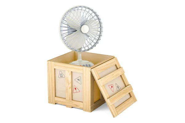 Ventilador Mesa Dentro Caja Madera Concepto Entrega Representación Aislada Sobre — Foto de Stock