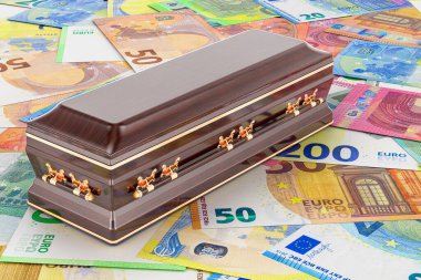 Wooden coffin on the euro backdrop, 3D rendering clipart