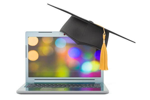 在线教育的概念 带毕业帽的笔记本电脑 在白色背景上孤立的3D渲染 — 图库照片