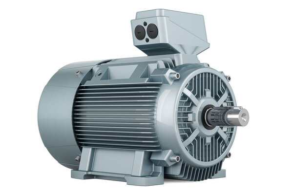 Silver industrial electric motor, 3D rendering isolated on white background