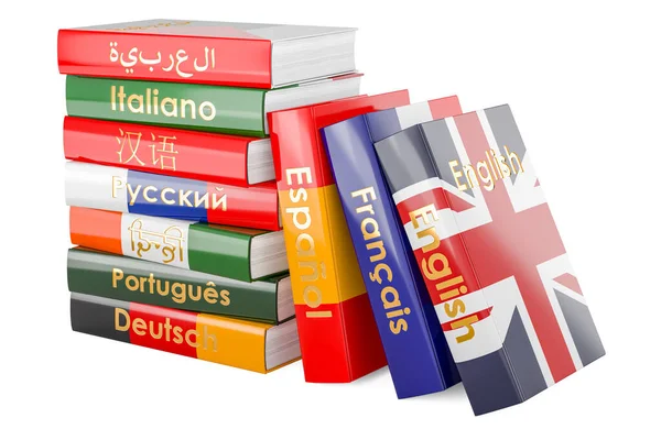 语言书籍 带有不同旗帜的教科书或词典 在白色背景上孤立的3D渲染 — 图库照片