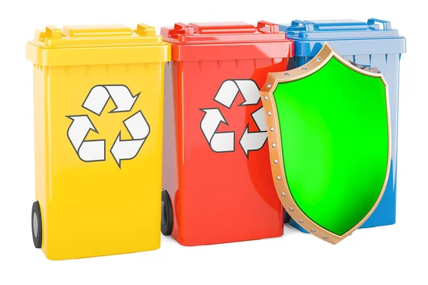Colored Recycling Trash Cans Shield Rendering Isolated White Background — Stock Photo, Image