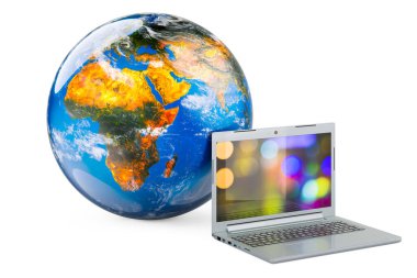 Dünya Küresi 'yle birlikte bilgisayarı açtım. Beyaz arkaplanda 3B görüntüleme izole edildi