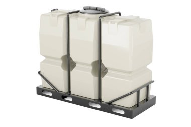 Plastik iskeleti ve paleti olan beyaz dikdörtgen su depolama tankı, beyaz arkaplanda 3 boyutlu görüntüleme
