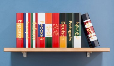 Dil ders kitapları ya da sözlüklü kitaplık, mavi duvarda 3D görüntüleme