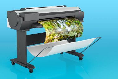 Çizici, büyük format mürekkep püskürtme yazıcısı mavi arkaplan üzerinde, 3D oluşturma 