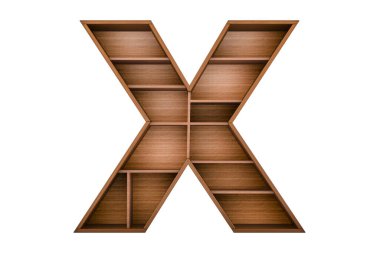 X harfi, kitapsız kitaplık olarak alfabe, beyaz arkaplanda 3 boyutlu görüntüleme