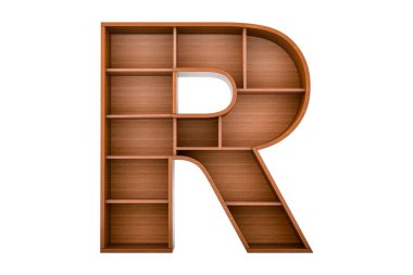 R harfi, kitapsız kitaplık olarak alfabe, beyaz arkaplanda 3 boyutlu görüntüleme