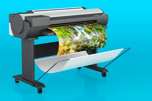 Plotter Impresora Inyección Tinta Gran Formato Sobre Fondo Azul Representación — Foto de Stock