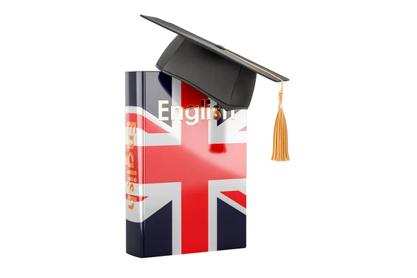 有毕业帽的英语教材 学习英语 在白色背景上孤立的3D渲染 — 图库照片