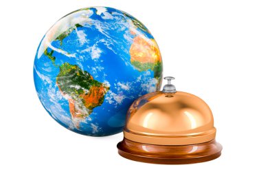 Resepsiyon zilli Earth Globe. Küresel Servis kavramı, beyaz arkaplanda 3D görüntüleme