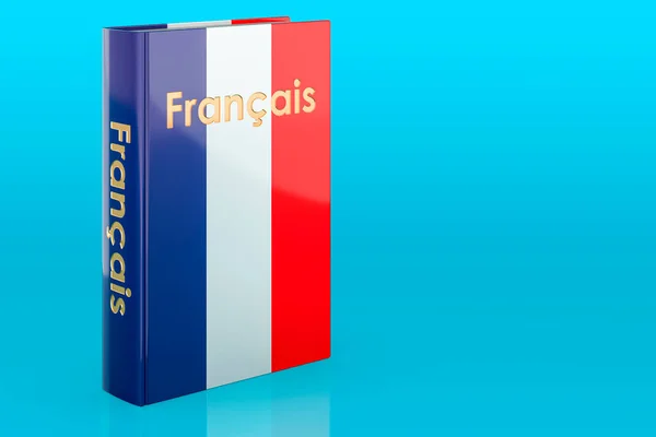 French language course. French language textbook on blue background. 3D rendering