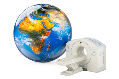 Dünya Küresi ile PET veya MRI Makinesi, beyaz arkaplanda 3 boyutlu görüntüleme