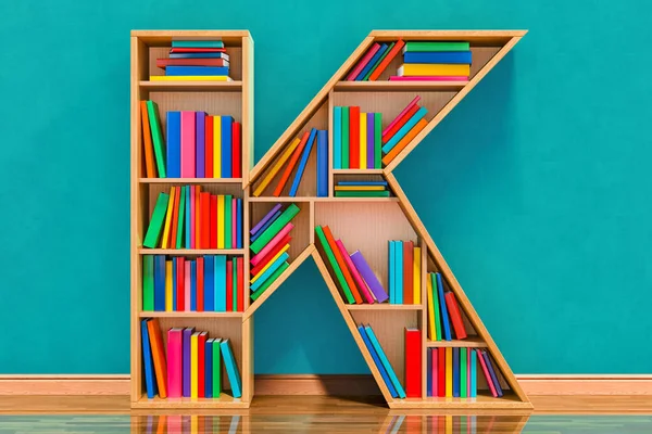 K harfi raflar şeklinde, duvarın yanındaki odada kitaplar var.