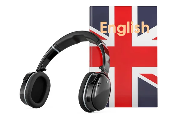 ヘッドフォン付きの英語教科書 英語を学ぶ クラス 白い背景で隔離された3Dレンダリング — ストック写真