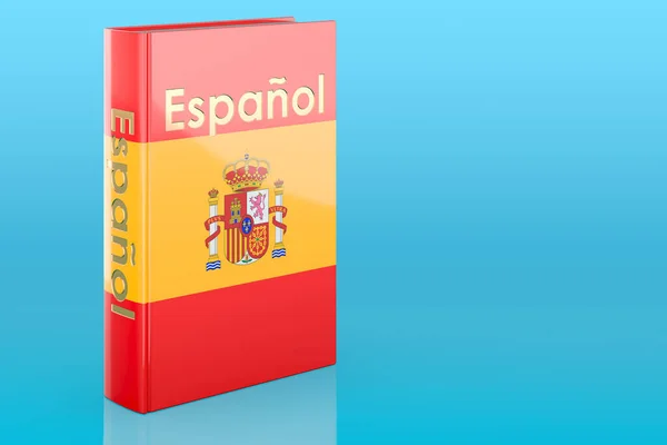 Spanish language course. Spanish language textbook on blue background. 3D rendering