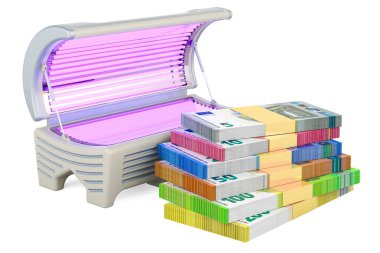 Avrupalı paketlerle bronzlaşma yatağı. Beyaz arkaplanda 3B görüntüleme izole edildi