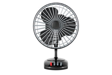 Siyah tablo vantilatörü, beyaz arkaplanda 3 boyutlu görüntüleme