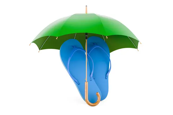 Şemsiye Altında Mavi Parmak Arası Terlikler Beyaz Arkaplanda Boyutlu Görüntüleme — Stok fotoğraf