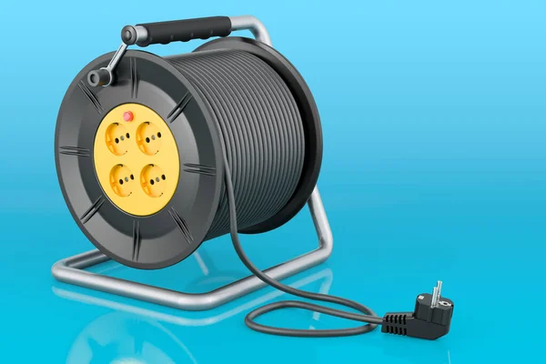 Industrial cable reel, 4 sockets, ergonomic handle on blue backdrop, 3D rendering