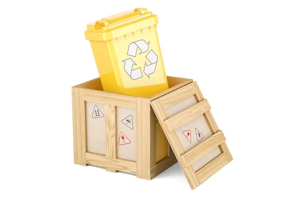 Latas Lixo Reciclagem Coloridas Dentro Caixa Madeira Conceito Entrega Renderização — Fotografia de Stock