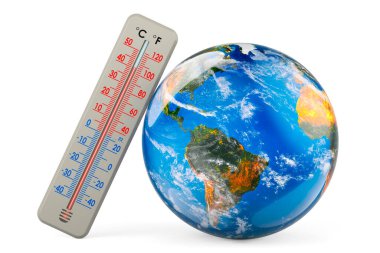 Dünya Küresi 'yle birlikte termometre. Beyaz arkaplanda 3B görüntüleme izole edildi