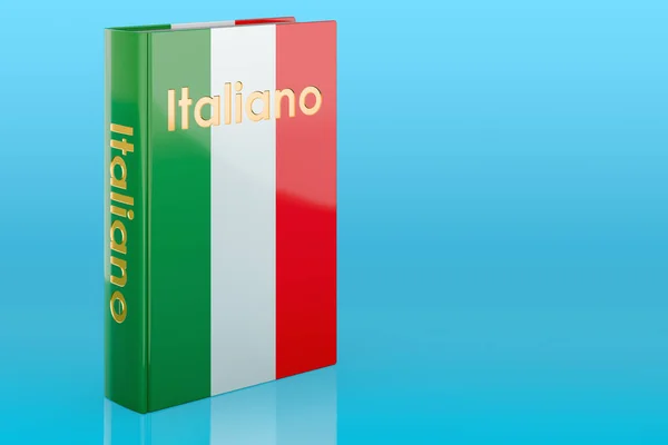 Italian language course. Italian language textbook on blue background. 3D rendering