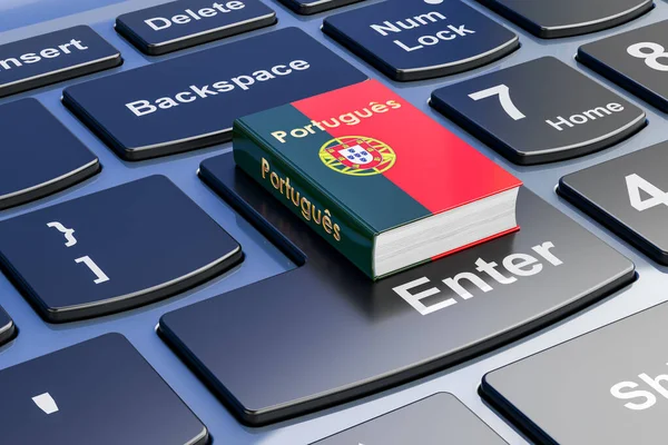 Portugalský Jazyk Učebnice Klávesnici Notebooku Online Kurzy Portugalštiny Vykreslování — Stock fotografie