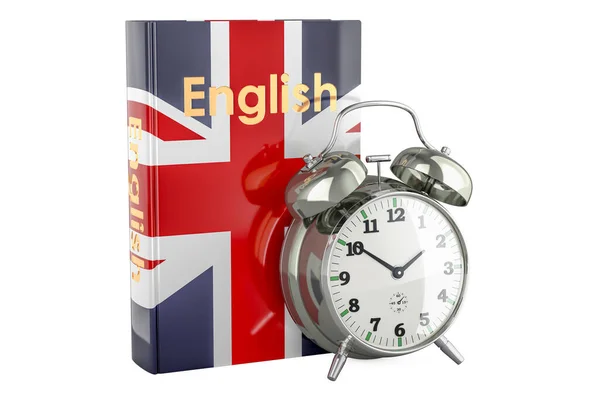 Učebnice Anglického Jazyka Budíkem Čas Naučit Anglicky Vykreslování Izolované Bílém — Stock fotografie