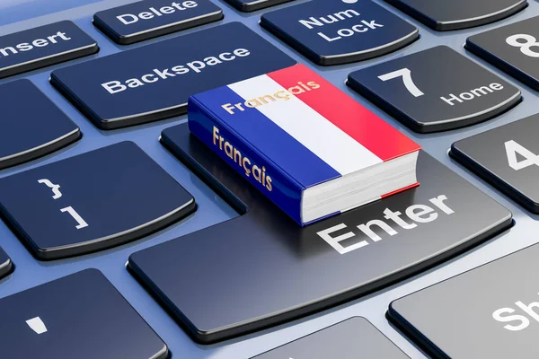 French language textbook on laptop keyboard. Online courses of French language, 3D rendering