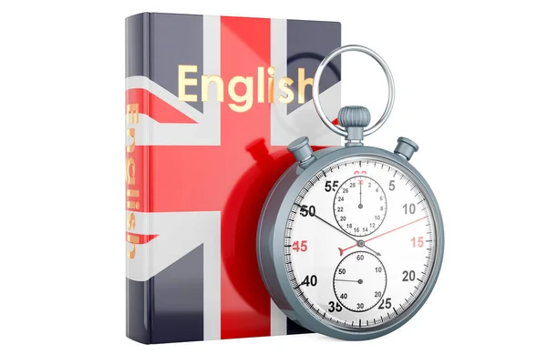 带秒表的英语教材 英语速成课程 3D渲染 在白色背景下隔离 — 图库照片