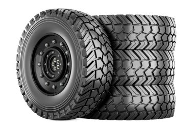 Set of Truck Wheels, 3D rendering   isolated on black background  clipart