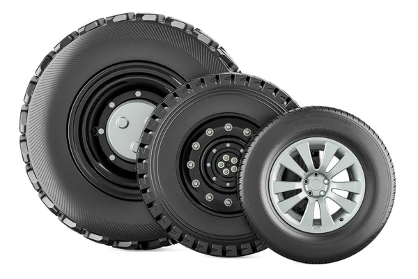 一套轮子 汽车和卡车用的 不同尺寸的汽车车轮 白色背景上的3D渲染隔离 — 图库照片