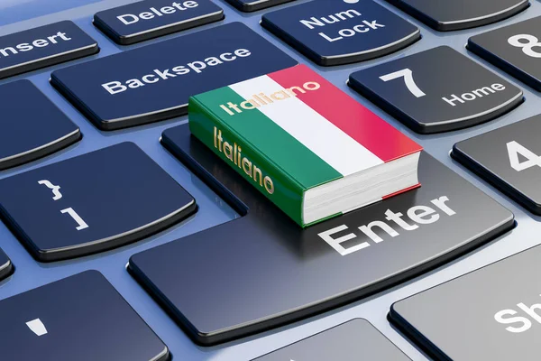 Italian language textbook on laptop keyboard. Online courses of Italian language, 3D rendering