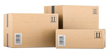 Üç paket, karton kutular. Nakliye ve lojistik konsepti, beyaz arkaplanda 3 boyutlu görüntüleme