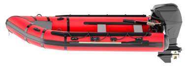 Dış motorlu şişirilebilir tekne, beyaz arka planda 3 boyutlu görüntüleme