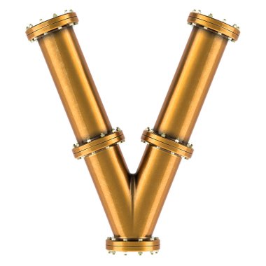 Bakır, bronz veya pirinç borulardan V harfi, beyaz arkaplanda 3 boyutlu görüntüleme