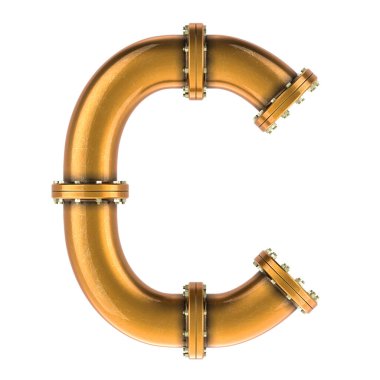 Bakır, bronz veya pirinç borulardan C harfi, beyaz arkaplanda 3 boyutlu görüntüleme