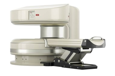 MRI makinesini açın, yakın plan. Beyaz arkaplanda 3B görüntüleme izole edildi