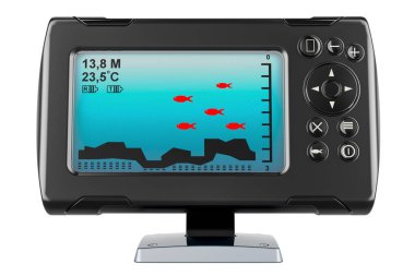 Balık bulucu, LCD ekranlı taşınabilir balık tarayıcı. Beyaz arkaplanda 3B görüntüleme izole edildi