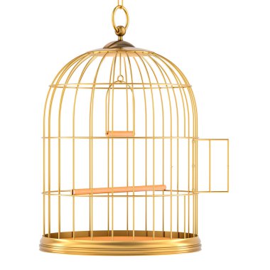 Altın kuş kafes açık kapı, beyaz arka plan üzerinde izole 3d render ile