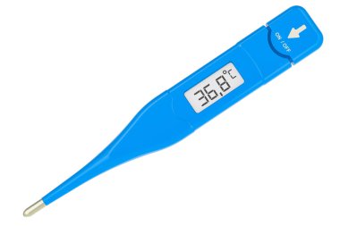 Dijital elektronik termometre, mavi renk. Beyaz arkaplanda 3B görüntüleme izole edildi
