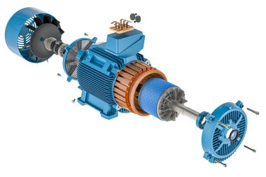 Endüstriyel elektrikli motor parçaları, bölüm. Beyaz arkaplanda 3B görüntüleme izole edildi